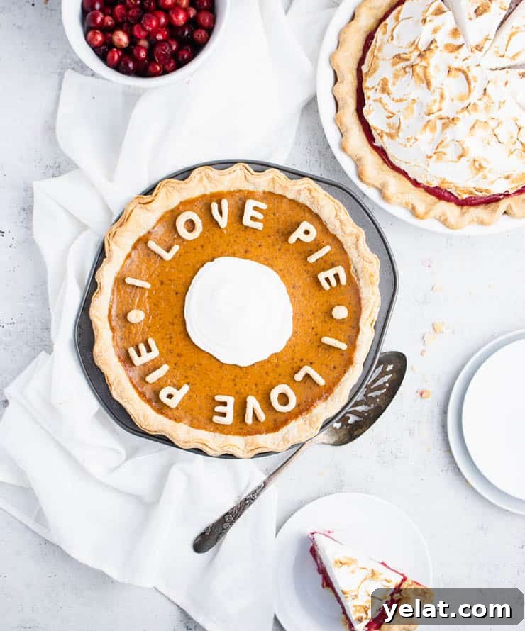 Flaky Pie Crust Recipe: A Complete Step-by-Step Guide 2 Pumpkin pie in a metal pie pan with cut out crust spelling out the phrase "I love pie" across the top. Empty plates, a bowl of cranberries and a cranberry pie are in the background.