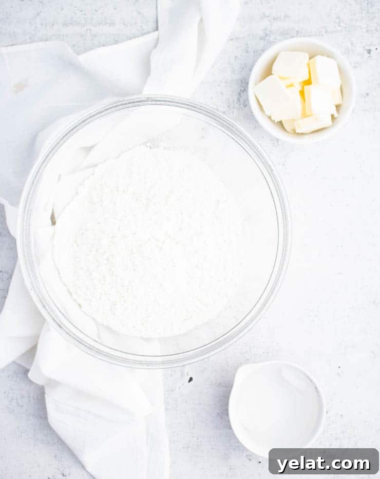Flaky Pie Crust Recipe: A Complete Step-by-Step Guide 3 A bowl of flour, butter and water against a concrete backdrop.