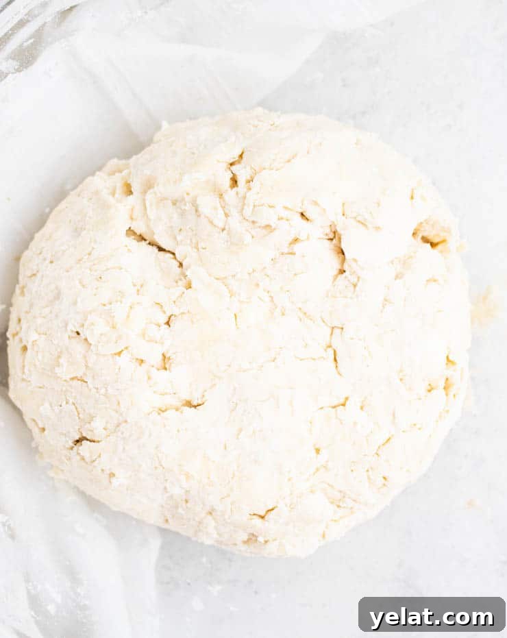 Flaky Pie Crust Recipe: A Complete Step-by-Step Guide 5 Close up of a rough dough with a few cracks and bits of visible butter.