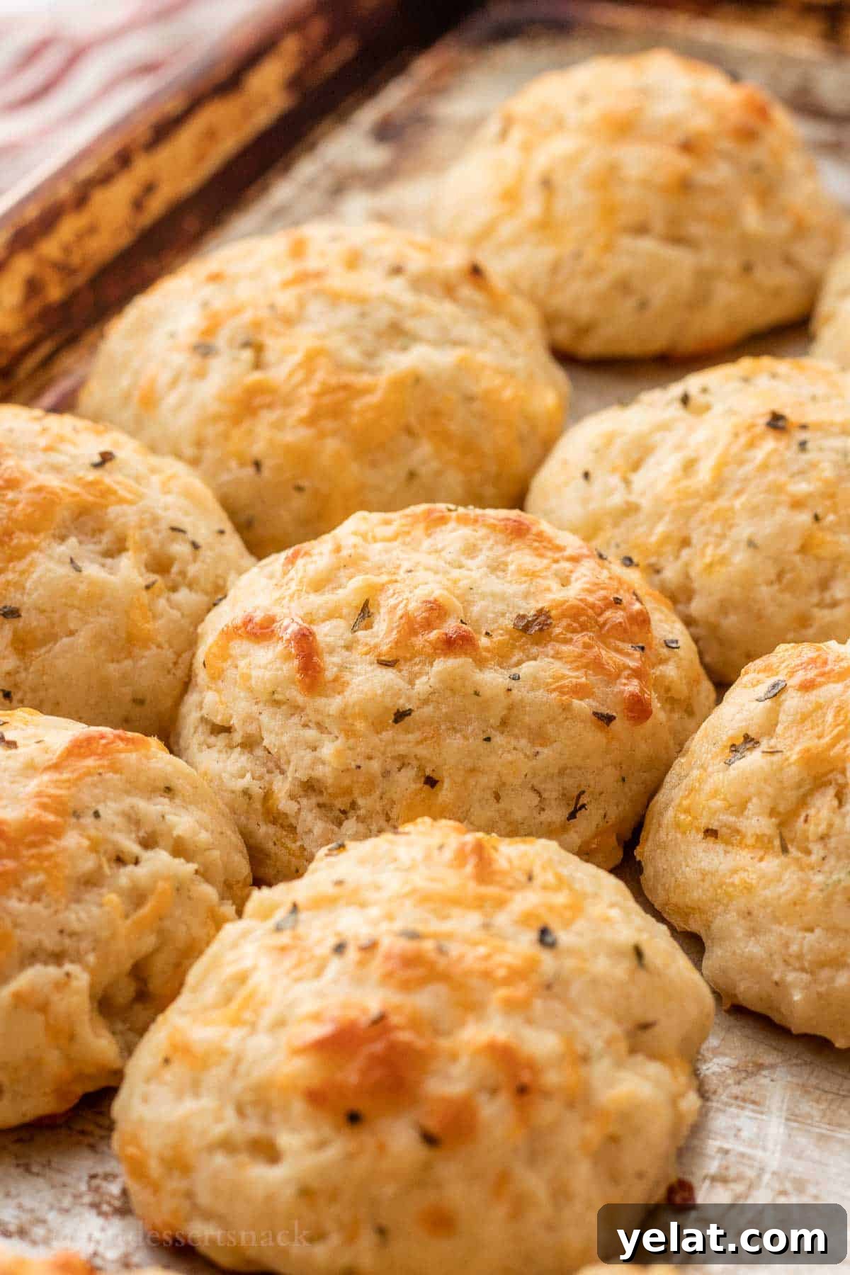 Garlic Cheddar Drop Biscuits Recipe: Quick Savory Biscuits 2 Baked cheddar garlic drop biscuits on metal pan.