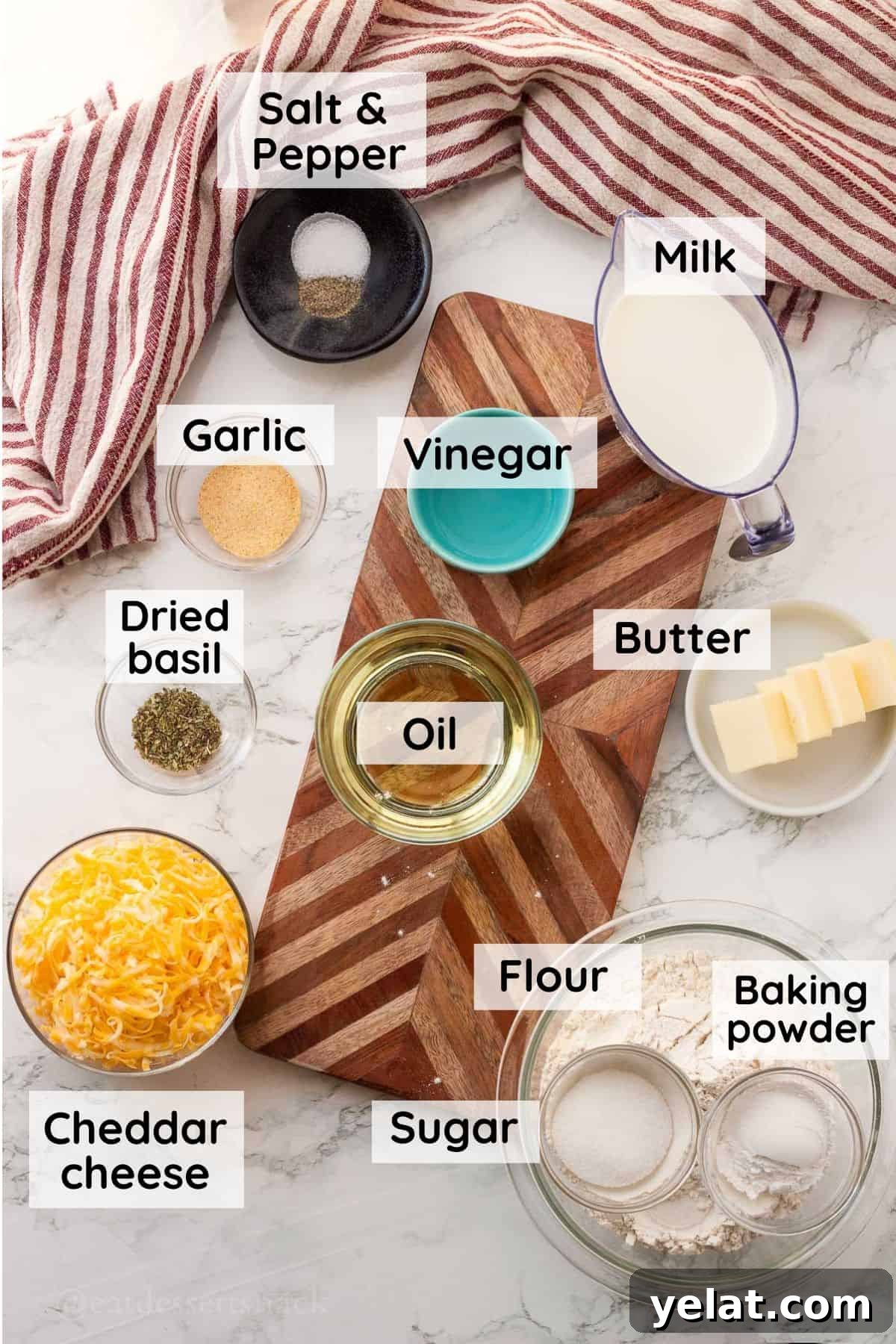 Garlic Cheddar Drop Biscuits Recipe: Quick Savory Biscuits 3 Labeled ingredients in glass bowls for garlic cheddar biscuits.