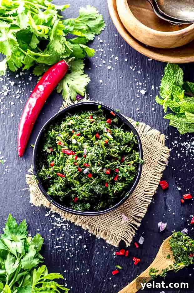 Chimichurri Sauce Recipe: Authentic Argentine Fresh Herb Sauce 2 Bird's eye view of a small bowl with Chimichurri sauce