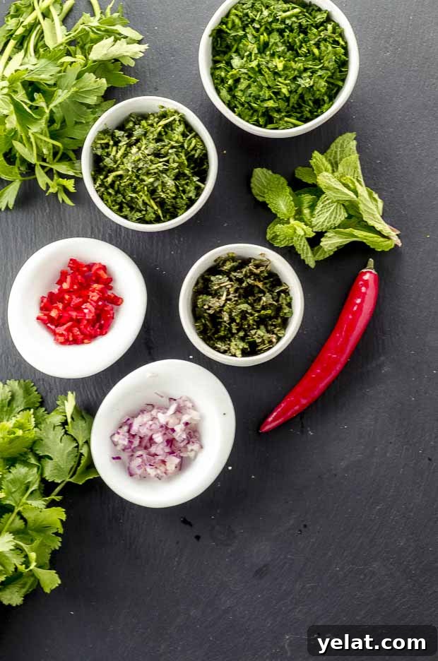 Chimichurri Sauce Recipe: Authentic Argentine Fresh Herb Sauce 3 Bird's eye view of little bowls containing chopped parsley, cilantro, mint, onion, and a red chili