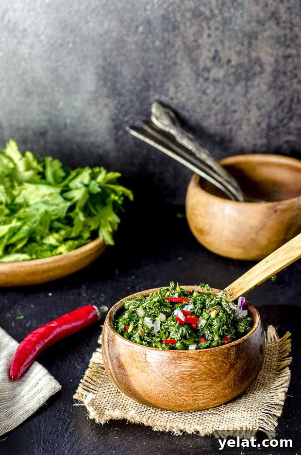 Chimichurri Sauce Recipe: Authentic Argentine Fresh Herb Sauce 5 Side view of a wood bowl with Chimichurri