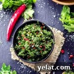 Bird's eye view of a small bowl with Chimichurri sauce