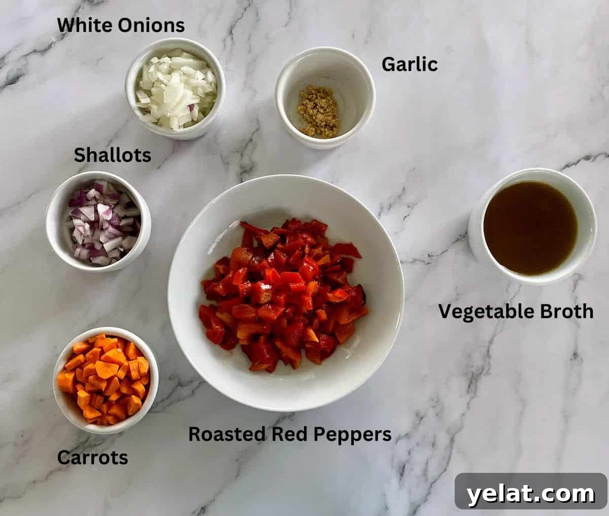 Creamy Roasted Red Pepper Pasta with Parmesan and Basil 3 red pepper pasta sauce in bowls on the tables: white onions, garlic, vegetable broth, shallots, carrots, and roasted red peppers