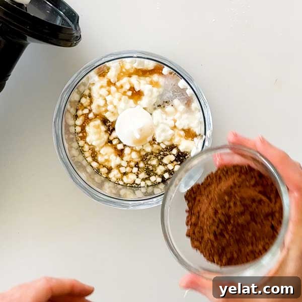 Light Protein Cottage Cheese with Chocolate Sauce Recipe 5 Adding cocoa powder to chocolate sauce in a chopper cup.