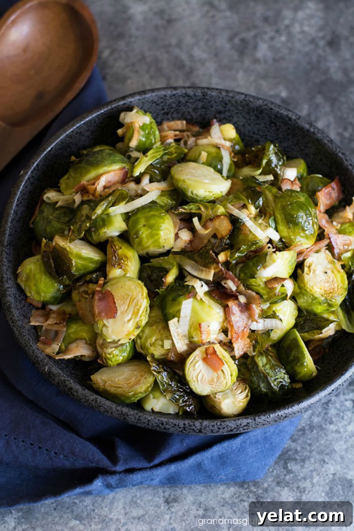 Grandma’s Crispy Bacon Brussels Sprouts Recipe 2 A big bowl of roasted Brussels sprouts.