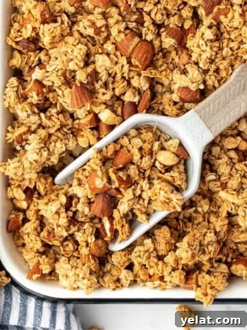 A scoop taking a portion of granola from a baking pan.