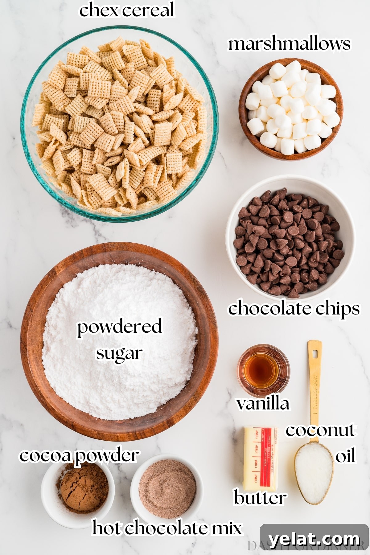The ingredients needed in order to make muddy buddies, including chex, chocolate chips, and powdered sugar.