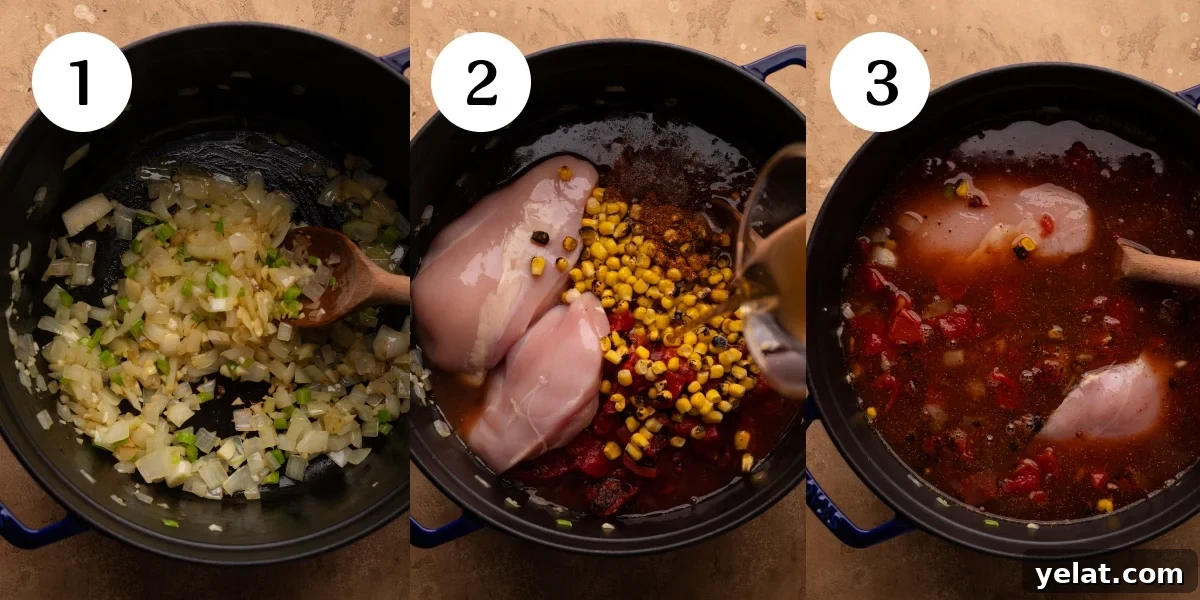 Hearty Chicken Taco Soup Recipe for Cozy Weeknight Dinners 4 A collage of three images showing how to make chicken taco soup. The first photo is a wooden spoon stirring chopped onions in a cast iron pot. The second photo is all the ingredients in the cast iron pot with broth being poured into it. The third photo is the cast iron pot filled with all the soup ingredients.