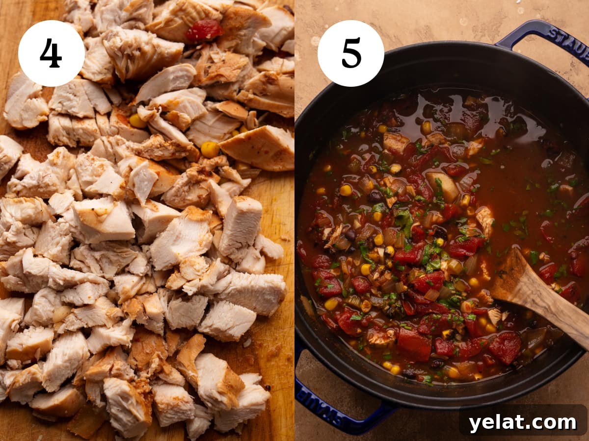 Hearty Chicken Taco Soup Recipe for Cozy Weeknight Dinners 5 A collage of two photos showing how to make chicken taco soup. The first photo is step four showing the chicken breasts chopped into pieces on a cutting board. The next photo is step five showing the finished taco soup in a cast iron pot.