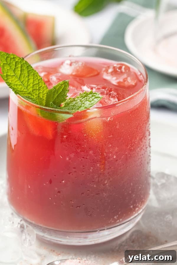 Pomegranate Virgin Sangria Recipe — Refreshing Party Drink 12 A glass of watermelon juice with mint sprig on top.