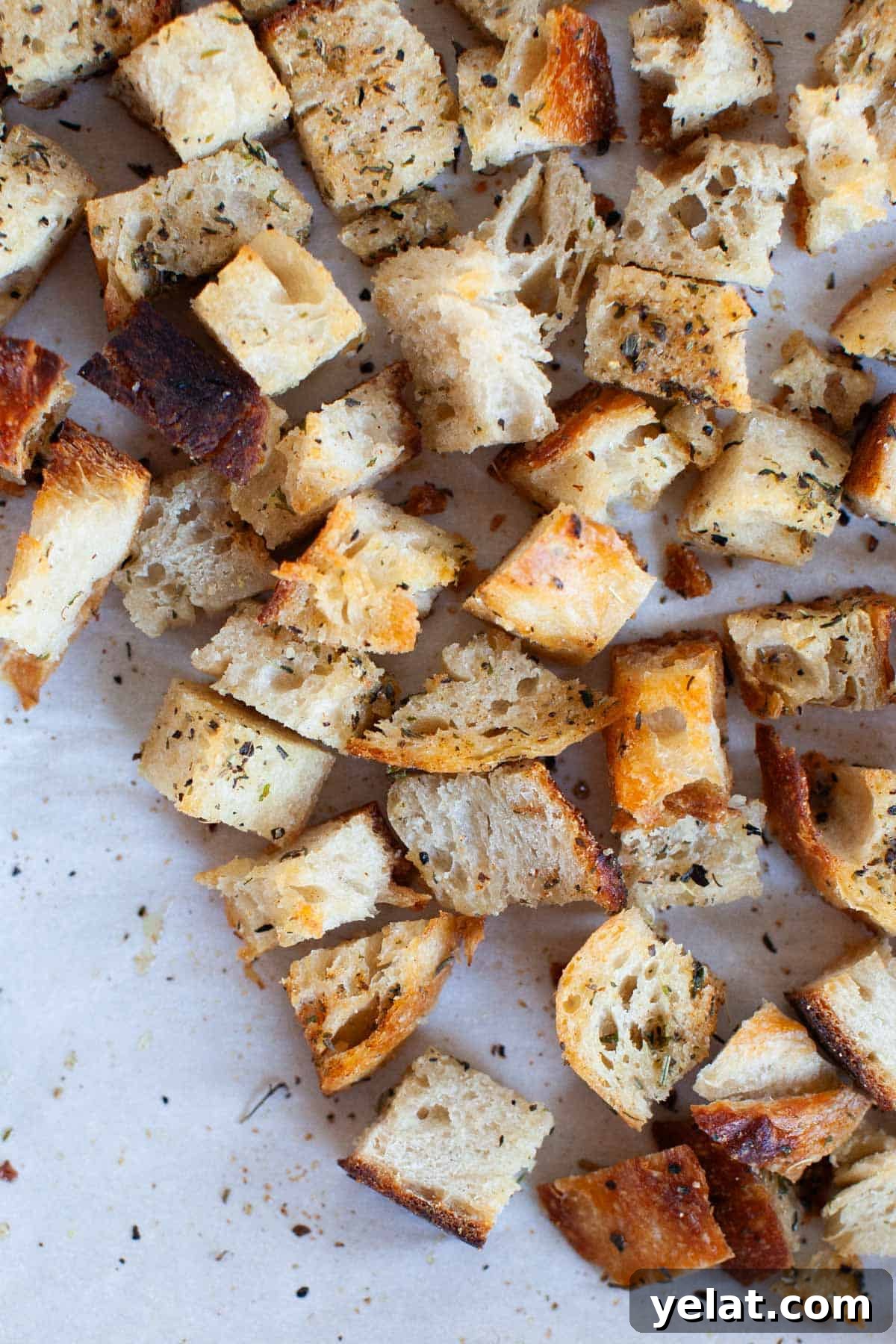Crispy Homemade Croutons: Simple Recipe for Perfect Salads 13 Homemade croutons on a baking sheet.