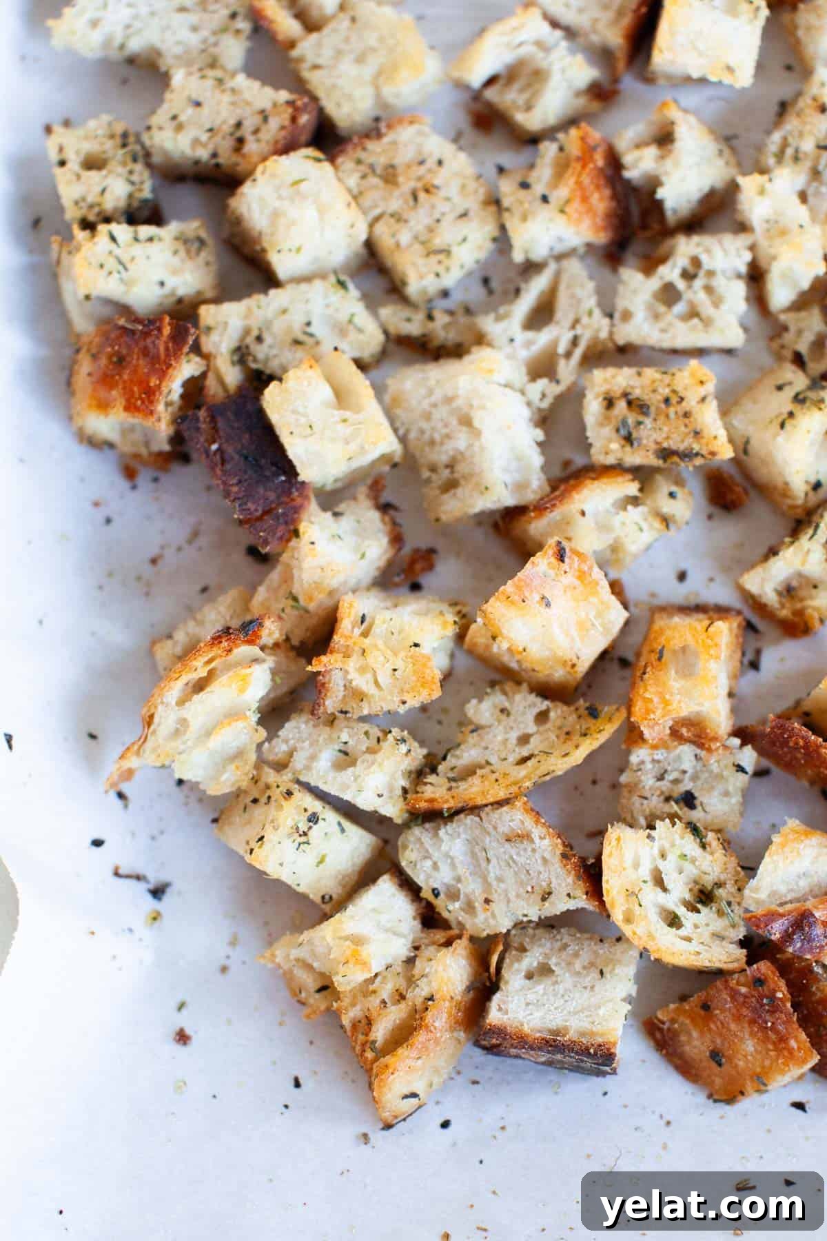 Crispy Homemade Croutons: Simple Recipe for Perfect Salads 14 Homemade croutons on a baking sheet.