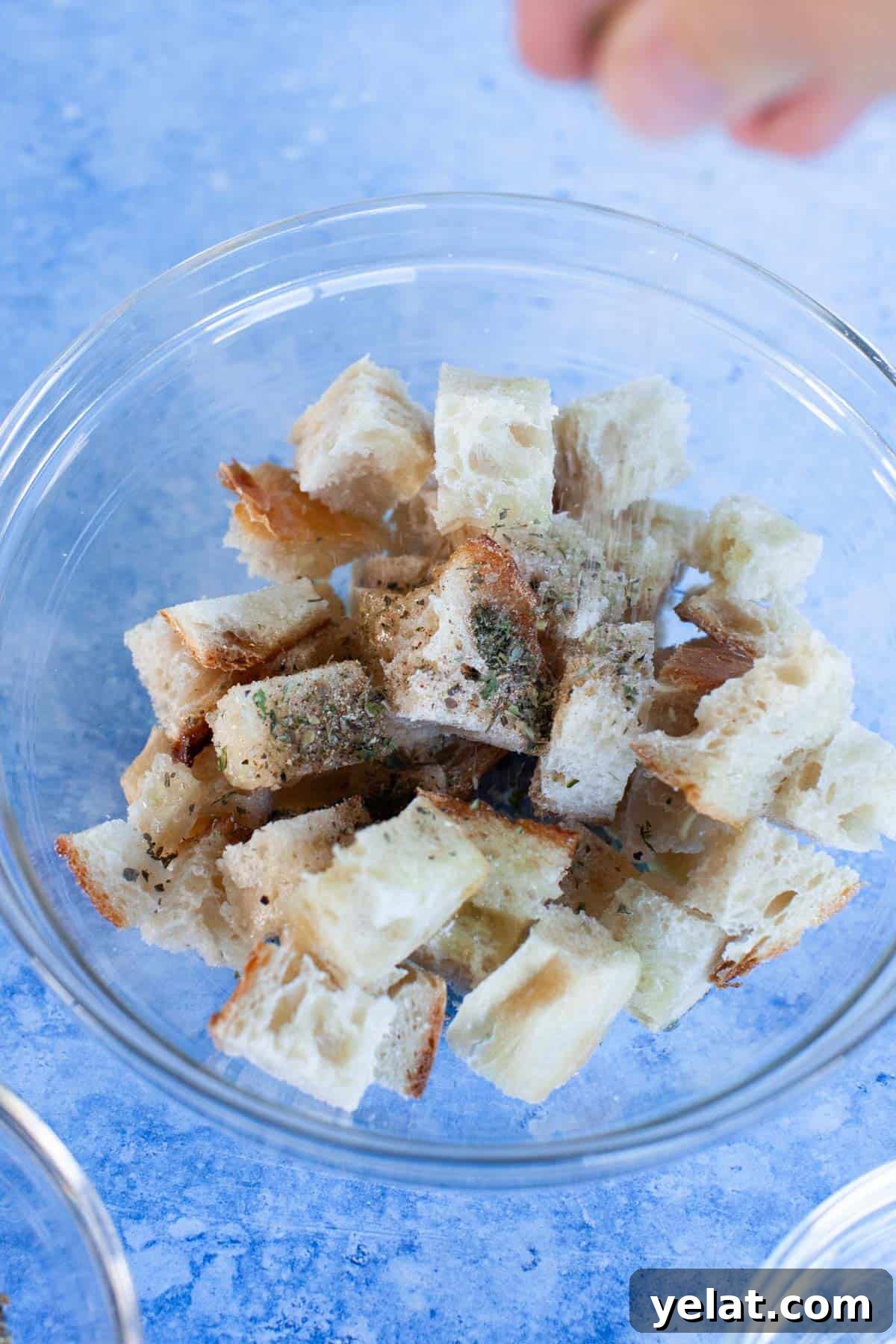 Crispy Homemade Croutons: Simple Recipe for Perfect Salads 6 Sourdough chunks sprinkled with spices.