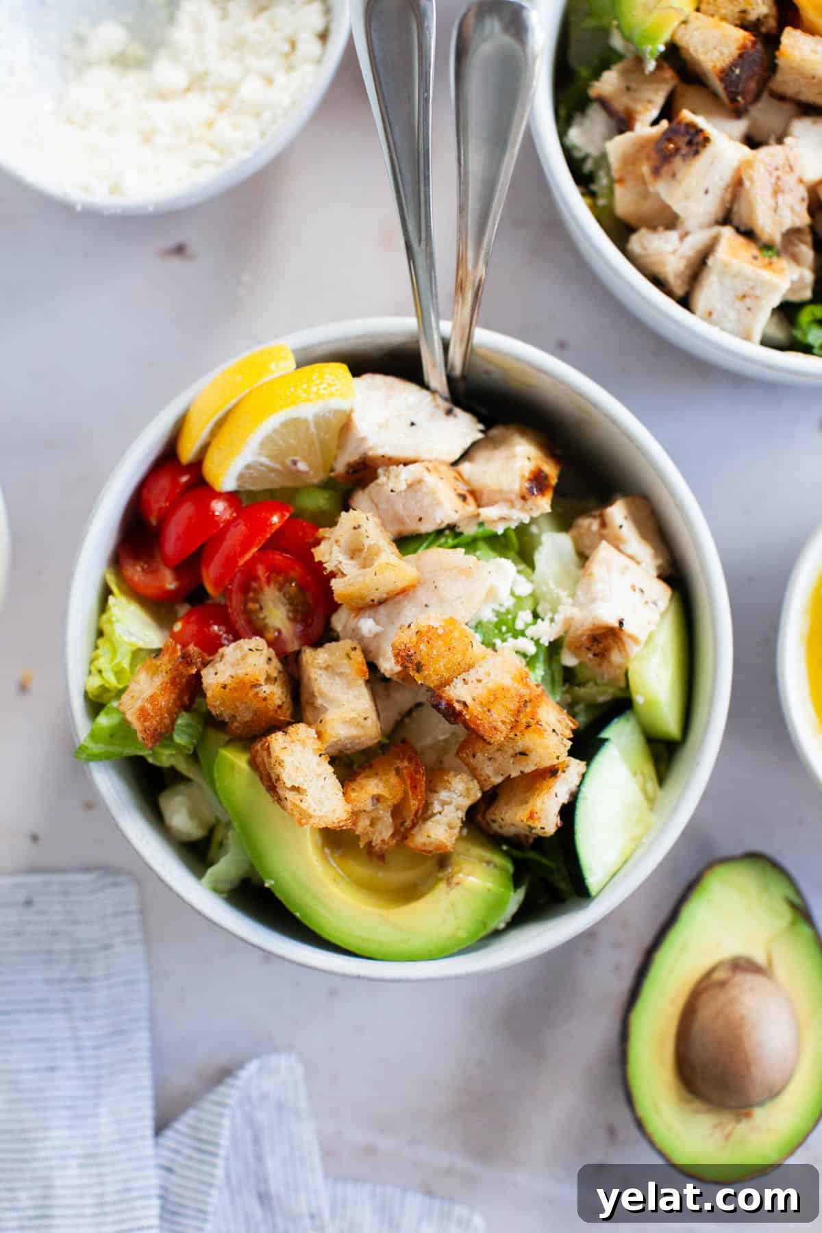 Crispy Homemade Croutons: Simple Recipe for Perfect Salads 10 Grilled chicken salad with honey vinaigrette in a white bowl.