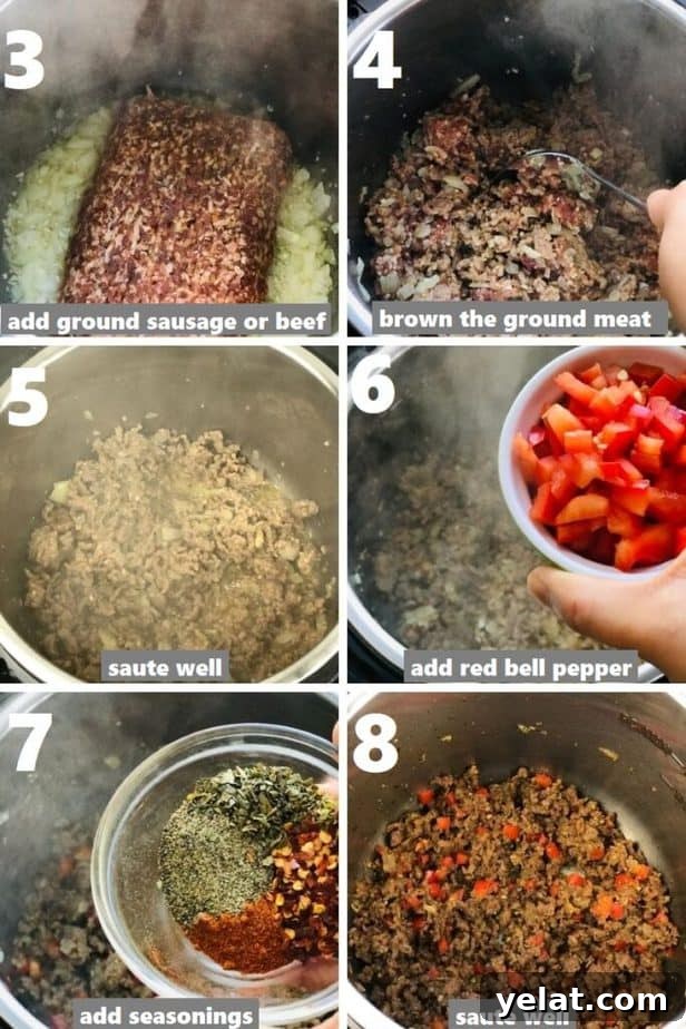 browning sausage with seasonings and bell pepper in instant pot
