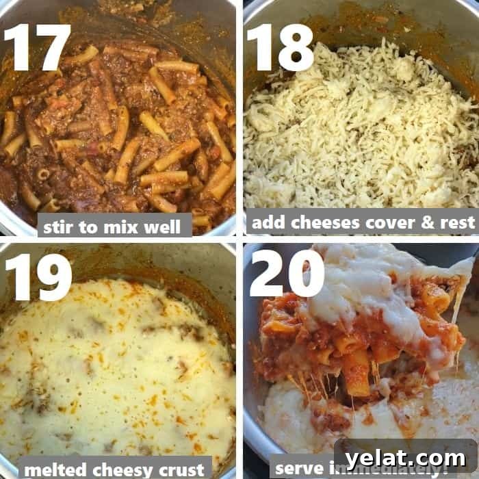 layering cheese on top of pressure cooked ziti pasta in instant pot