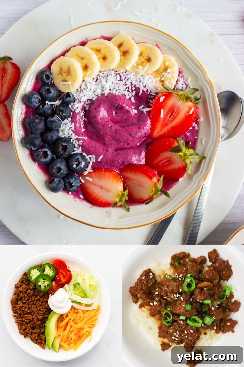 50 High-Protein Power Bowl Recipes for Every Meal 2 Three high protein power bowl recipes including a berry smoothie bowl topped with fresh fruit, a low carb taco bowl with seasoned ground beef, and a Korean beef bowl with green onions