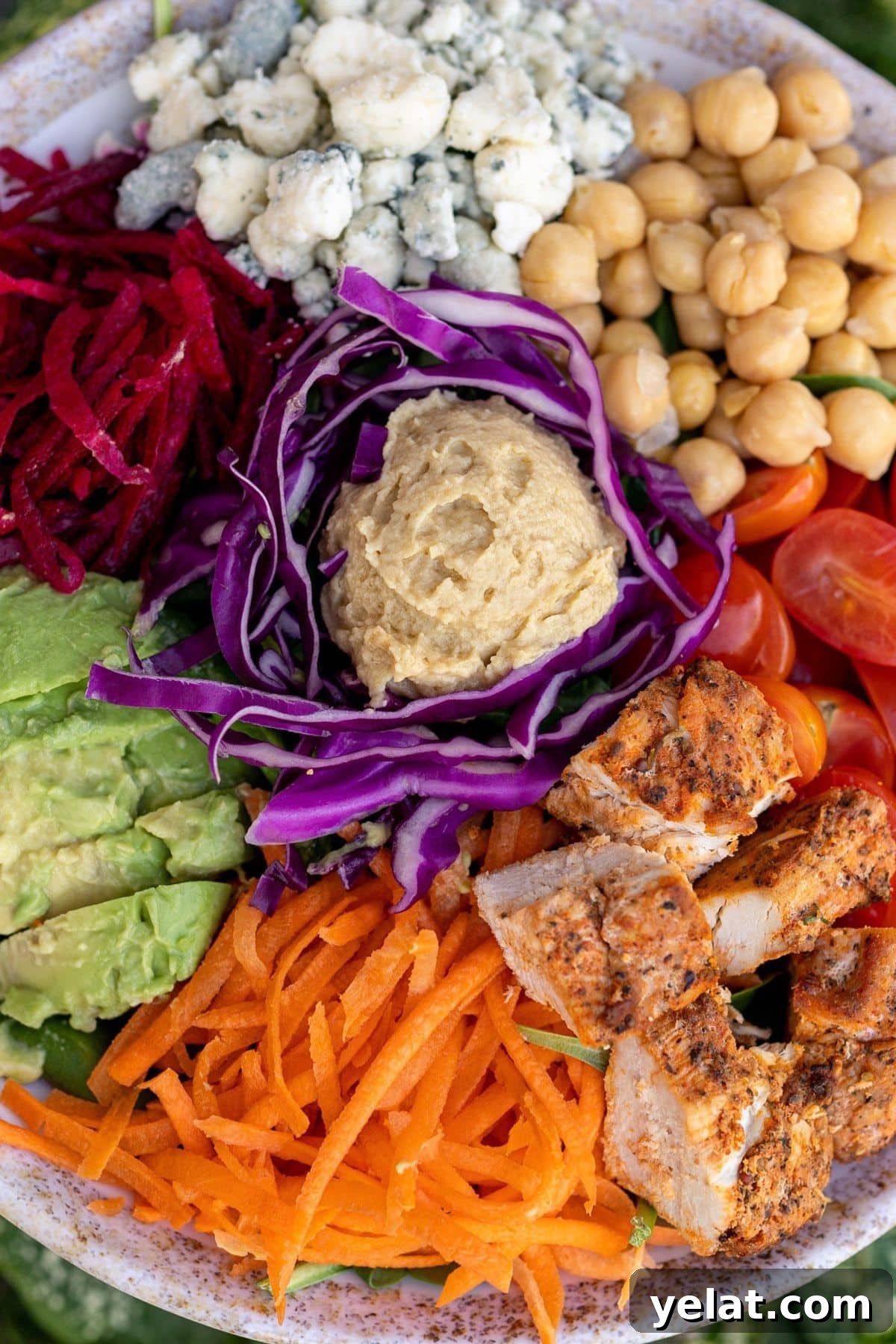 50 High-Protein Power Bowl Recipes for Every Meal 4 High protein lunch bowl with grilled spiced chicken, shredded carrots, sliced avocado, purple cabbage, hummus, roasted chickpeas, cherry tomatoes, and shredded beets