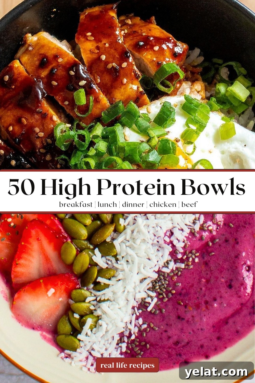 50 High-Protein Power Bowl Recipes for Every Meal 7 a collage with Berry protein smoothie bowl and Teriyaki glazed chicken bowl
