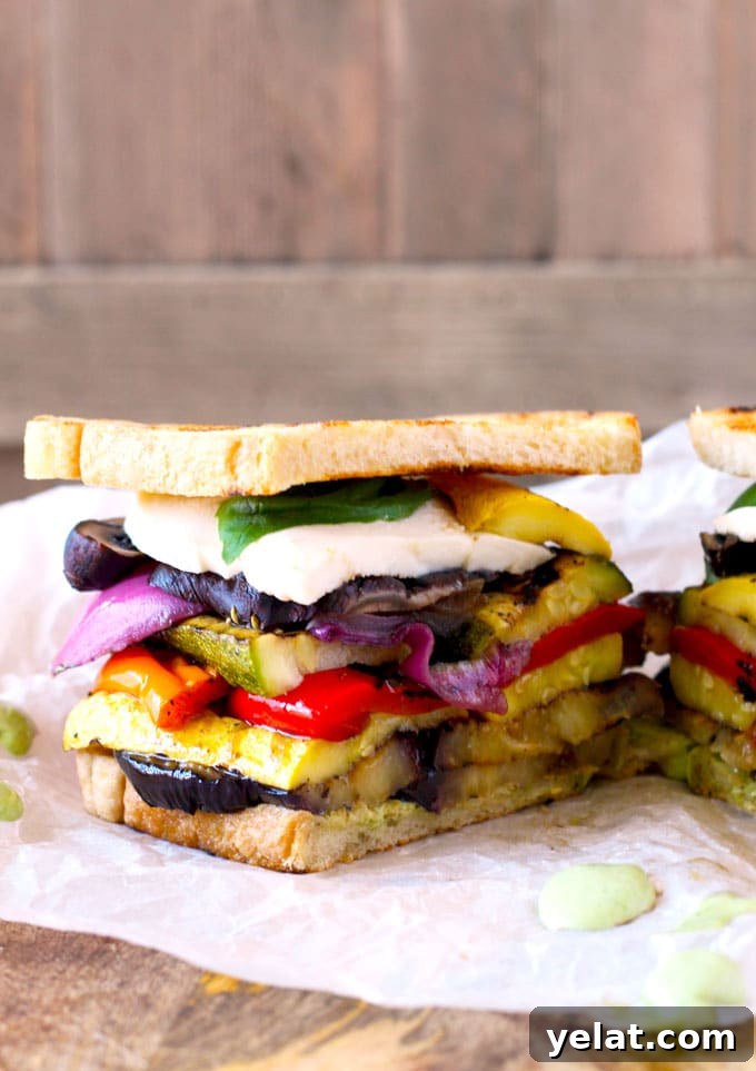 Grilled Vegetable Sandwich with Fresh Mozzarella and Basil Aioli 6 Close-up of the sandwich showing the grilled veggies and mozzarella.