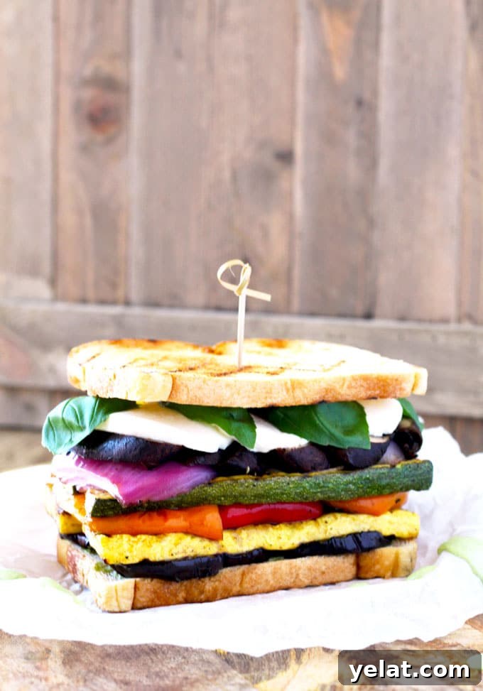 Grilled Vegetable Sandwich with Fresh Mozzarella and Basil Aioli 7 Shot of one Grilled Veggie Sandwich.