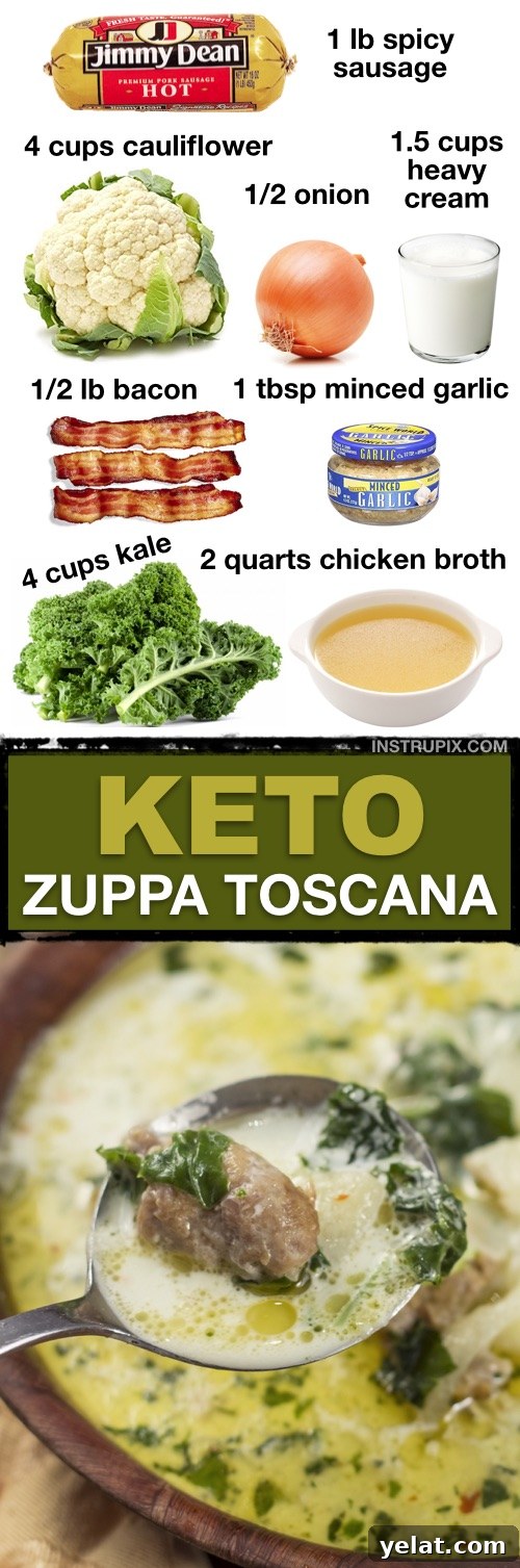 7 Flavorful Keto Soup Recipes That Don’t Taste Low-Carb 6 7 Quick and Easy Keto Soup Recipes (Low Carb & Healthy) | This low carb Italian soup is SO GOOD! Zuppa Toscana is an easy dinner idea for this fall and winter. Great for leftovers! The potatoes are replaced with cauliflower to make it low carb and healthy. This soup is packed full of fiber! It's also freezable and great for meal planning on a ketogenic diet.
