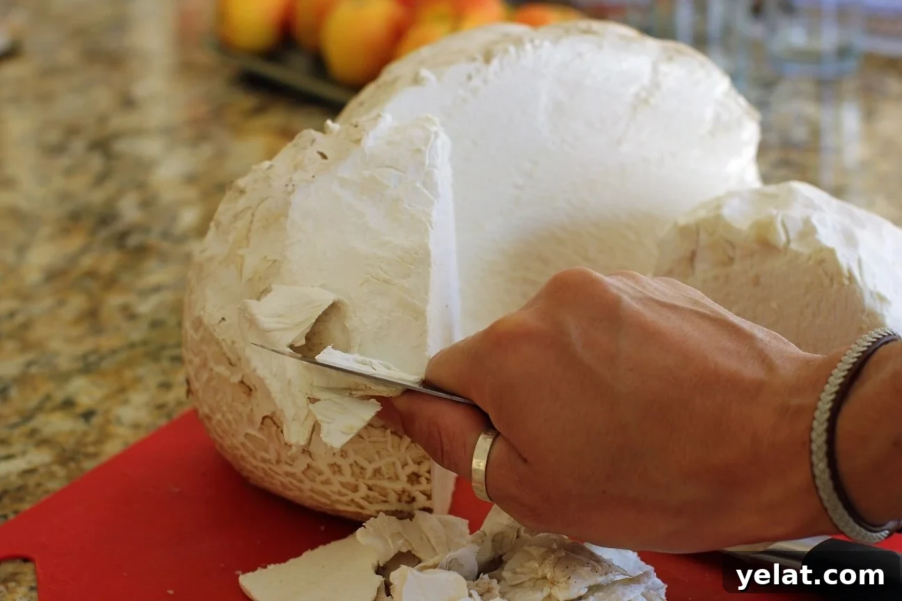 Creamy Puffball Mushroom Fettuccine Alfredo 5 peeling the giant puffball