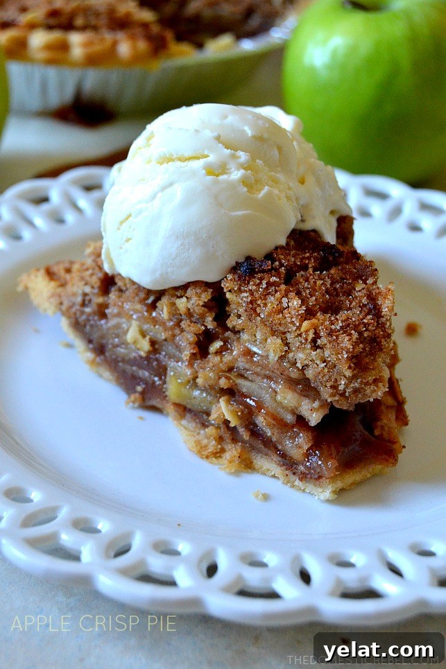Quick Last-Minute Thanksgiving Desserts to Impress Guests 11 slice of apple crisp pie with a scoop of vanilla ice cream on a white lacy plate