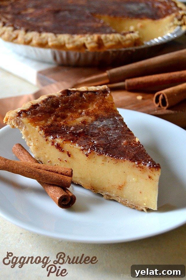 Quick Last-Minute Thanksgiving Desserts to Impress Guests 12 a slice of eggnog brulee pie on a white plate with cinnamon sticks