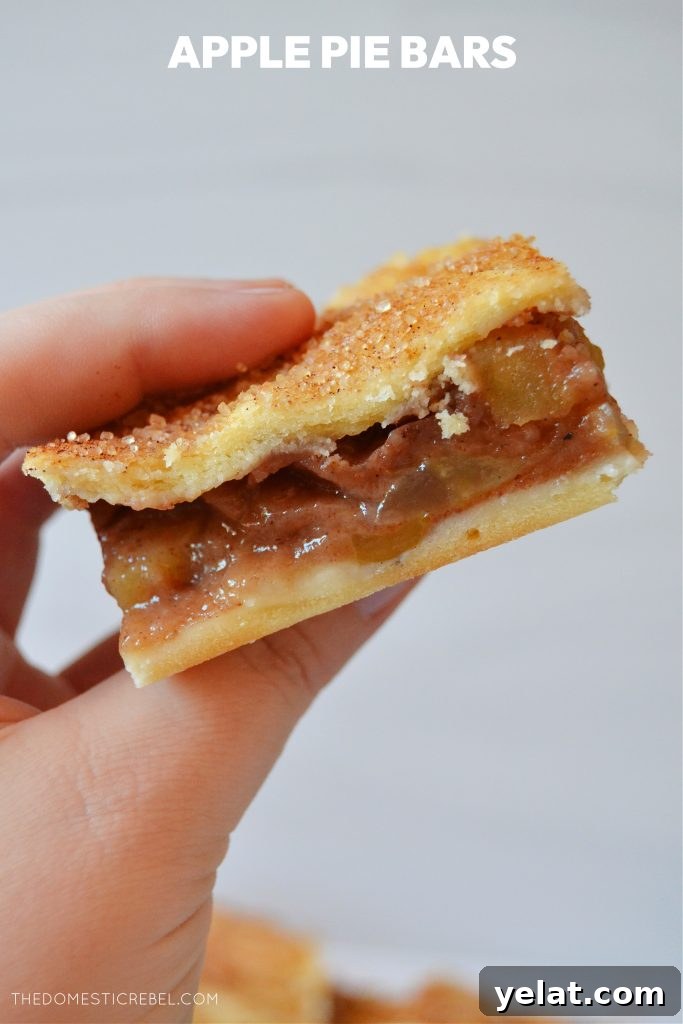 photographer holding an apple pie bar against a white background