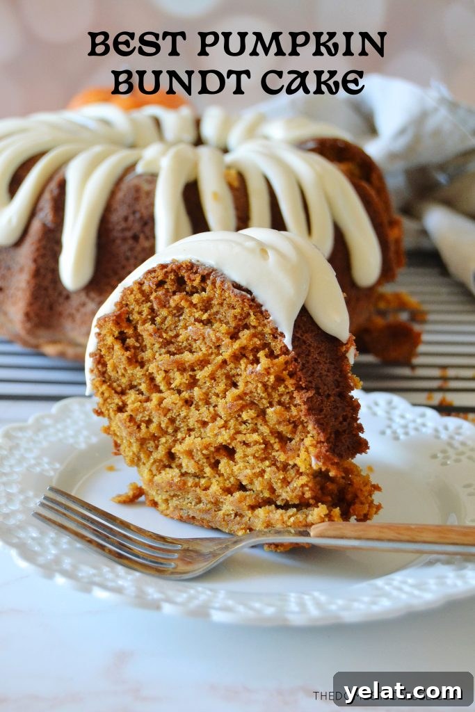Quick Last-Minute Thanksgiving Desserts to Impress Guests 6 a photo of a slice of pumpkin bundt cake on a white ceramic plate with the whole cake in the background