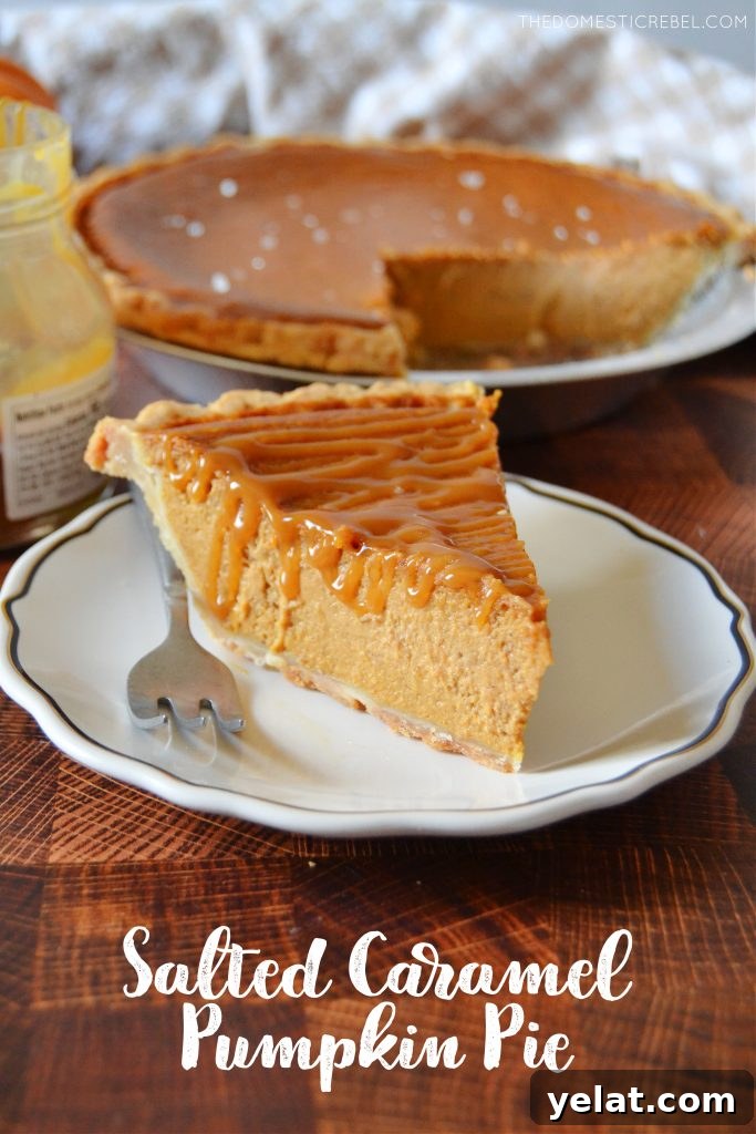 Quick Last-Minute Thanksgiving Desserts to Impress Guests 7 a piece of salted caramel pumpkin pie on a small white plate with a silver fork