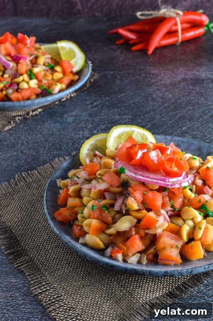 Spicy Peanut Chaat Recipe: Indian Masala Peanuts in Minutes 4 two grey plates with peanut salad and red chili peppers in the background