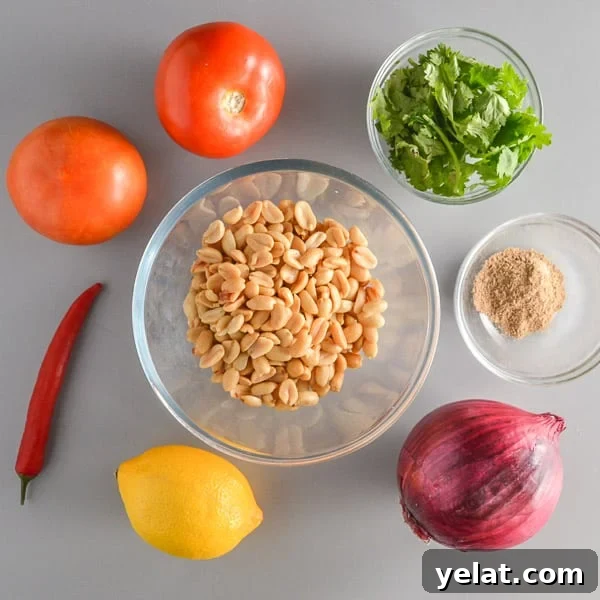 Spicy Peanut Chaat Recipe: Indian Masala Peanuts in Minutes 5 two tomatoes, a red chili pepper, a lemon, a red onion, fresh coriander and peanuts
