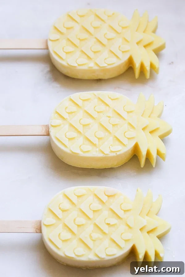 top down shot of three pineapple popsicles shaped as pineapples.