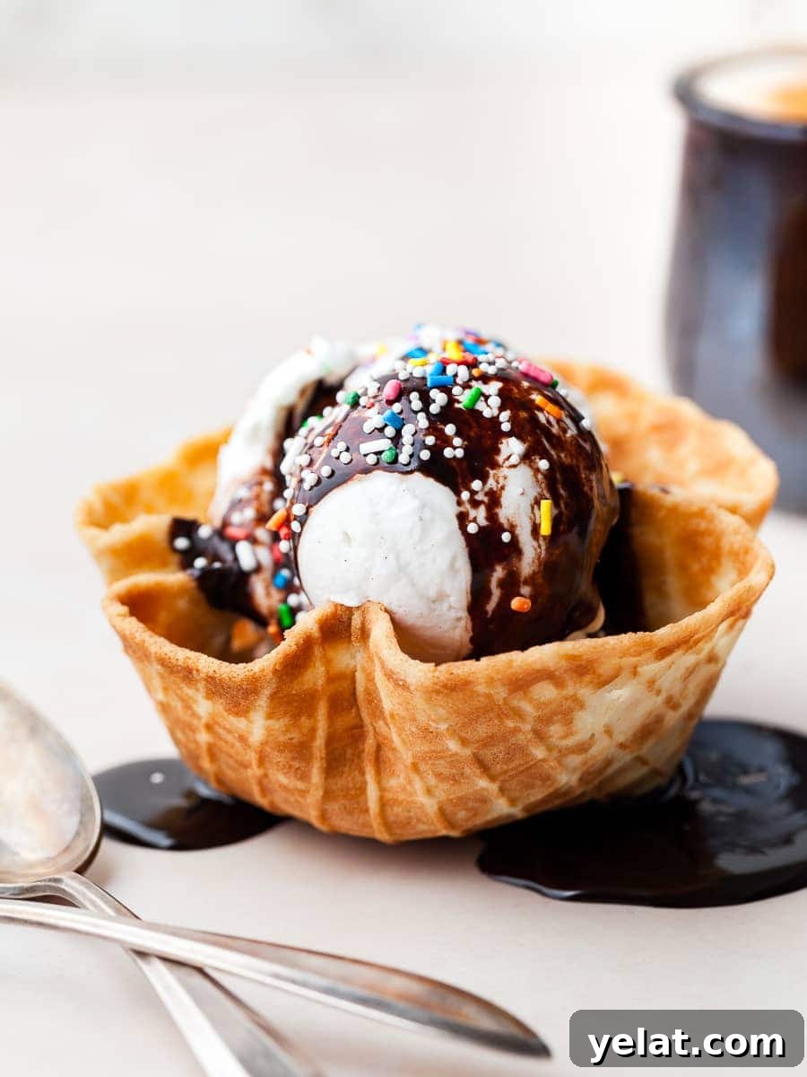 a gluten free waffle bowl with no churn vanilla ice cream, hot fudge sauce and sprinkles