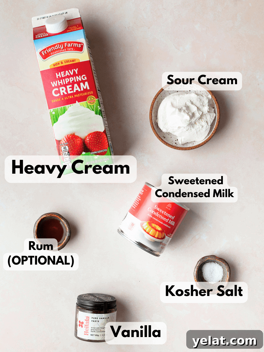 A collage of ingredients needed to make gluten free no churn vanilla ice cream