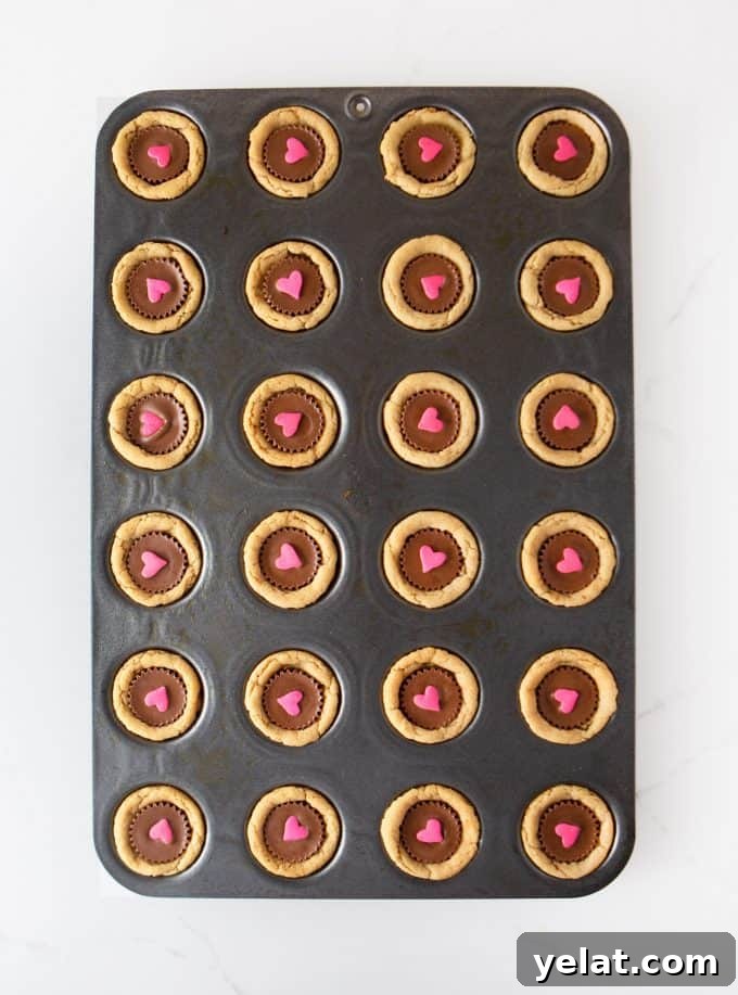 Mini muffin tin pan of Reeses Peanut Butter Valentines Cookie Cups