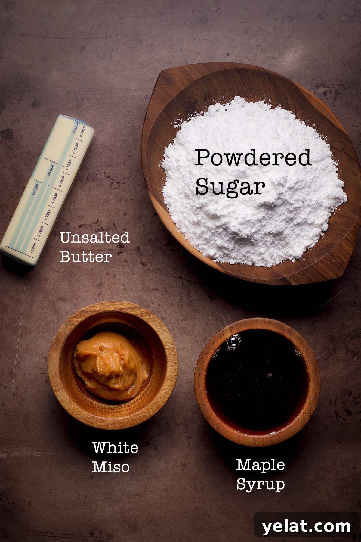 The ingredients needed to make maple miso brown butter frosting.