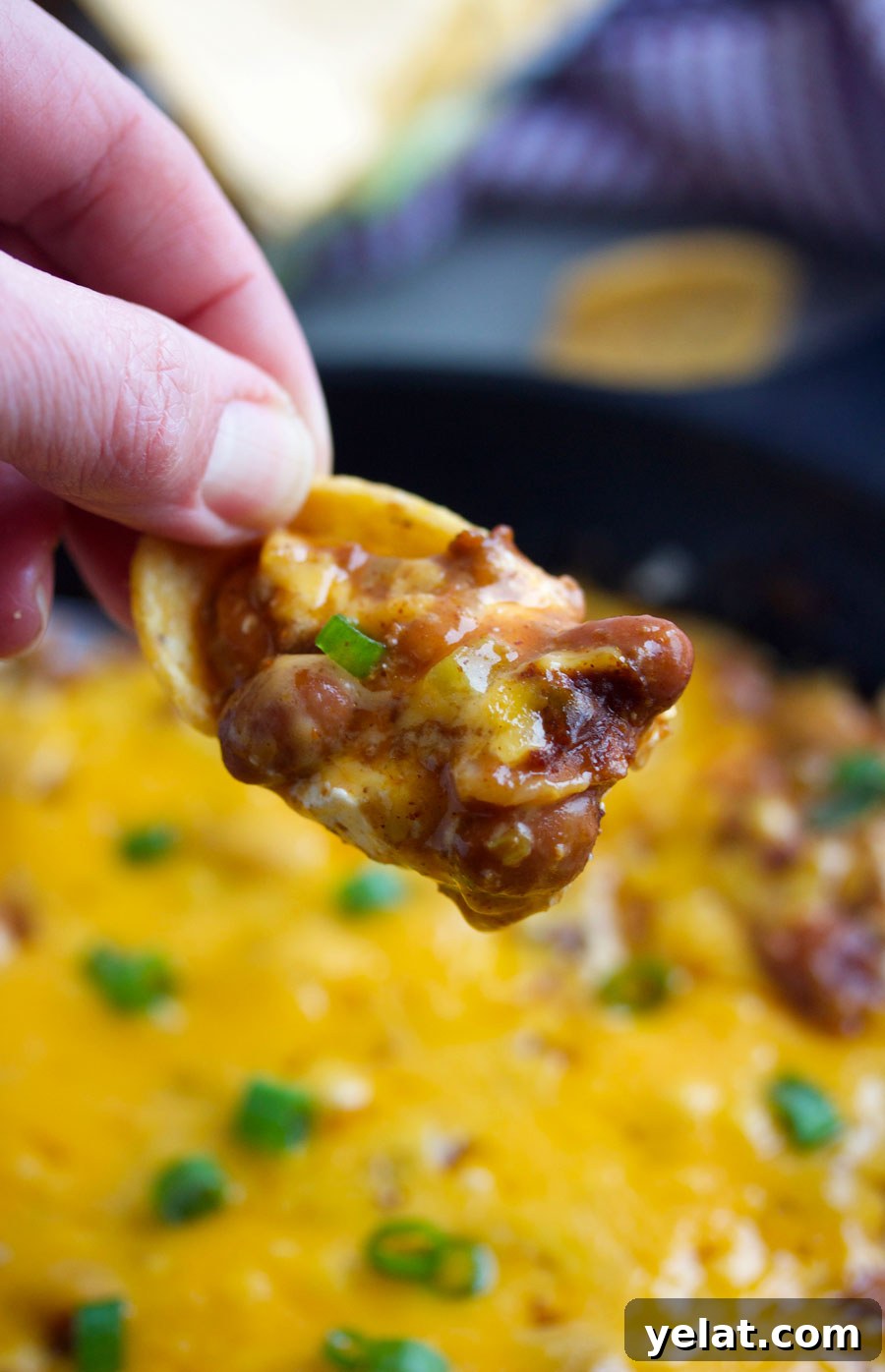 Fritos Chili Cream Cheese Dip Recipe — Crowd-Pleasing Party Dip 20 Up close shot of someone holding a Fritos scoop with chili cream cheese dip on it.