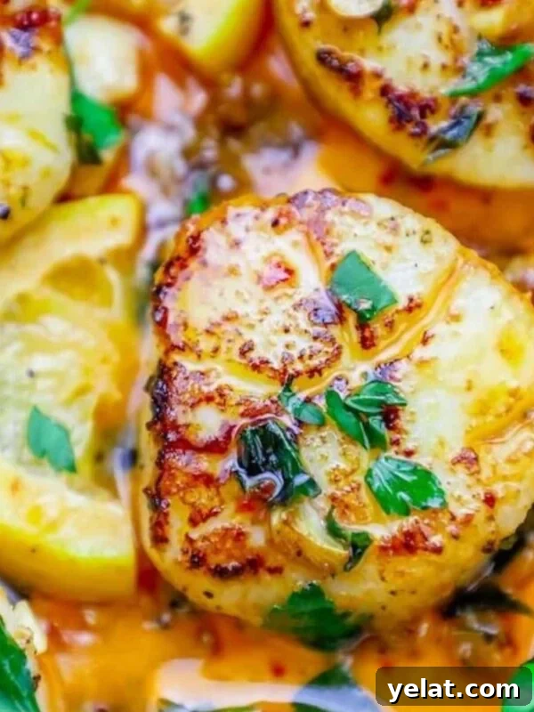 a seared scallop in a pan with chopped cilantro and chili sauce on top next to a slice of lemon