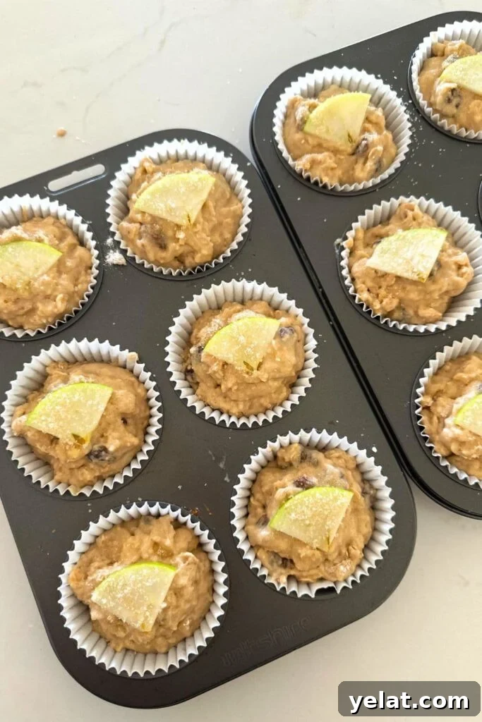 Sourdough Applesauce Muffins Recipe for Moist, Tangy Flavor 3 2 X 6 hole muffin trays filled with sourdough applesauce batter. Each muffin has been topped with a quarter apple slice and some sparkling sugar.