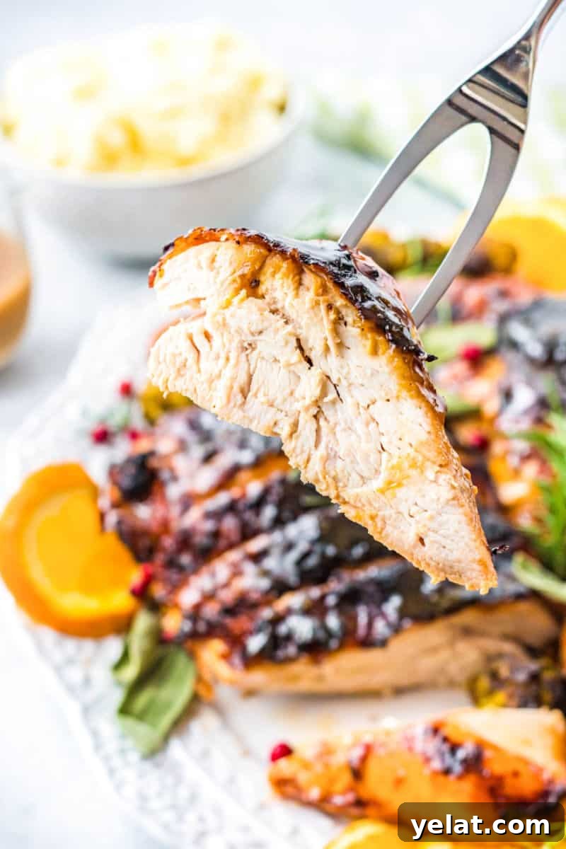 Glazed Turkey Breast in an Air Fryer: Juicy, Quick Recipe 11 close up of an air fryer glazed turkey breast slice on a serving fork