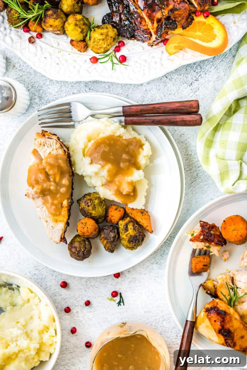 Glazed Turkey Breast in an Air Fryer: Juicy, Quick Recipe 3 plates of air fryer glazed turkey breast with mashed potatoes and roasted veggies next to the platter