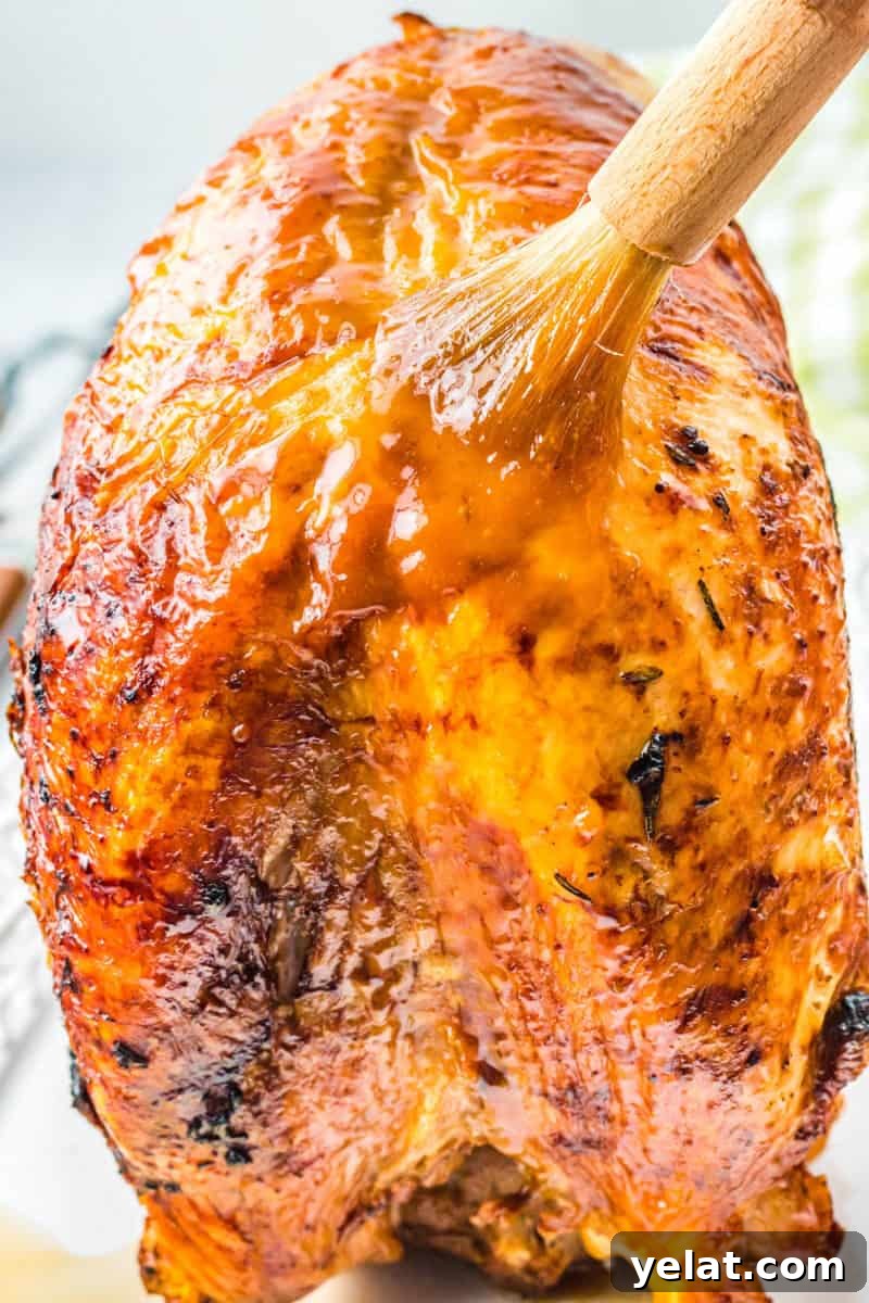 Glazed Turkey Breast in an Air Fryer: Juicy, Quick Recipe 9 brown sugar & orange glaze being brushed onto an air fryer turkey breast