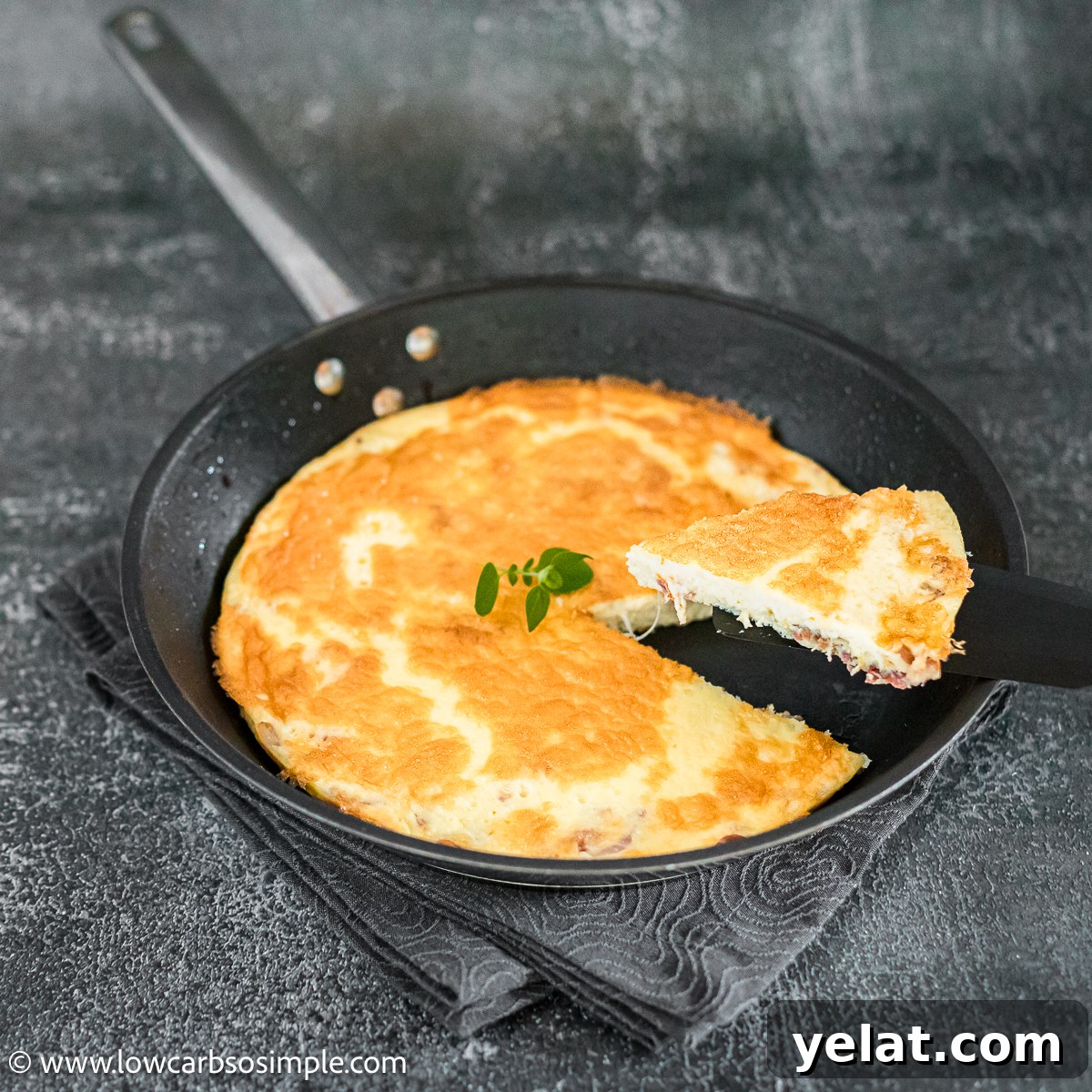 Bacon-and-Egg Skillet Pan Pie (Low-Carb Carnivore Recipe) 7 Taking a Slice of Carnivore Bacon and Egg Pan Pie | Low-Carb, So Simple
