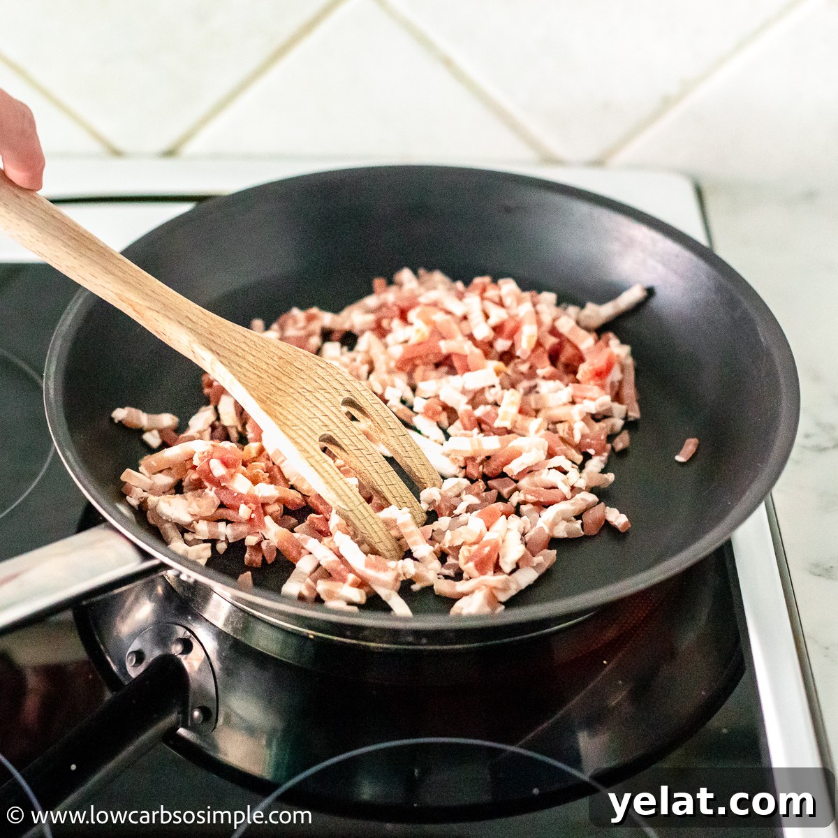 Bacon-and-Egg Skillet Pan Pie (Low-Carb Carnivore Recipe) 3 Frying Chopped Bacon in a Skillet | Low-Carb, So Simple